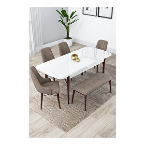 Lia Serisi, 80x132 Açılabilir Beyaz Masa Ceviz Ayak Mutfak Masası Takımı, 4 Sandalye Ve 1 Bench Cappucino