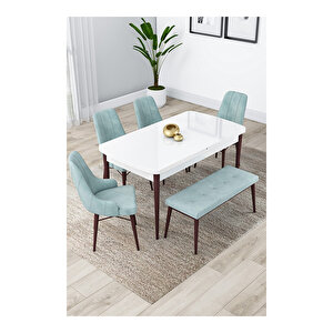Lia Serisi, 80x132 Açılabilir Beyaz Masa Ceviz Ayak Mutfak Masası Takımı, 4 Sandalye Ve 1 Bench Su Yeşili
