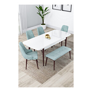 Lia Serisi, 80x132 Açılabilir Beyaz Masa Ceviz Ayak Mutfak Masası Takımı, 4 Sandalye Ve 1 Bench