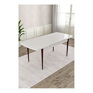 Lia Serisi, 80x132 Açılabilir Beyaz Masa Ceviz Ayak Mutfak Masası Takımı, 4 Sandalye Ve 1 Bench