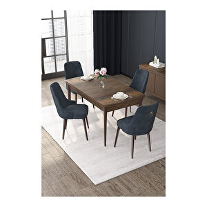 Nex Serisi, Mdf 80x132 Açılabilir Barok Ahşap Desen Mutfak Masa Takımı, 4 Sandalye Gold Halkalı Antrasit
