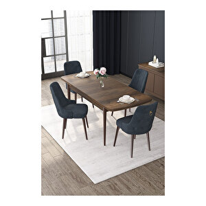 Nex Serisi, Mdf 80x132 Açılabilir Barok Ahşap Desen Mutfak Masa Takımı, 4 Sandalye Gold Halkalı Antrasit