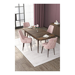 Nex Serisi, Mdf 80x132 Açılabilir Barok Ahşap Desen Mutfak Masa Takımı, 4 Sandalye Gold Halkalı Pembe