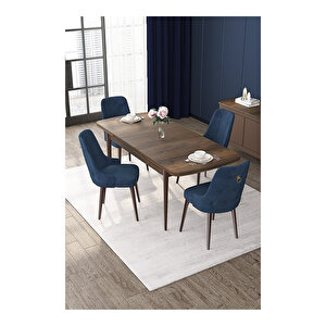 Nex Serisi, Mdf 80x132 Açılabilir Barok Ahşap Desen Mutfak Masa Takımı, 4 Sandalye Gold Halkalı Lacivert