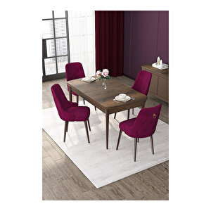 Nex Serisi, Mdf 80x132 Açılabilir Barok Ahşap Desen Mutfak Masa Takımı, 4 Sandalye Gold Halkalı Mürdüm