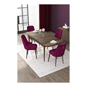 Nex Serisi, Mdf 80x132 Açılabilir Barok Ahşap Desen Mutfak Masa Takımı, 4 Sandalye Gold Halkalı Mürdüm