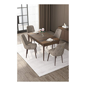 Nex Serisi, Mdf 80x132 Açılabilir Barok Ahşap Desen Mutfak Masa Takımı, 4 Sandalye Gold Halkalı Cappucino