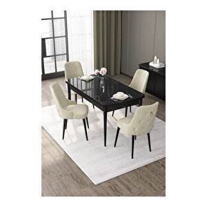 Nex Serisi, 80x132 Mdf Açılabilir Siyah Mermer Desen Masa Takımı, 4 Sandalye Gold Halkalı Krem