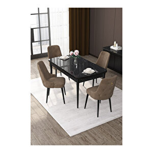 Nex Serisi, 80x132 Mdf Açılabilir Siyah Mermer Desen Masa Takımı, 4 Sandalye Gold Halkalı Kahverengi