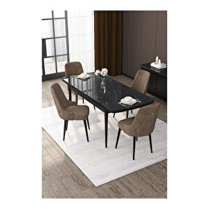 Nex Serisi, 80x132 Mdf Açılabilir Siyah Mermer Desen Masa Takımı, 4 Sandalye Gold Halkalı Kahverengi