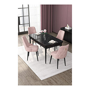 Nex Serisi, 80x132 Mdf Açılabilir Siyah Mermer Desen Masa Takımı, 4 Sandalye Gold Halkalı Pembe