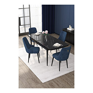 Nex Serisi, 80x132 Mdf Açılabilir Siyah Mermer Desen Masa Takımı, 4 Sandalye Gold Halkalı Lacivert