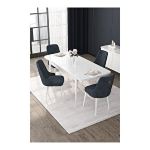 Nex Serisi, 80x132 Mdf Açılabilir Beyaz Masa Takımı, 4 Sandalye Gold Halkalı Antrasit