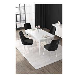 Nex Serisi, 80x132 Mdf Açılabilir Beyaz Masa Takımı, 4 Sandalye Gold Halkalı Siyah
