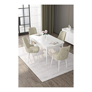Nex Serisi, 80x132 Mdf Açılabilir Beyaz Masa Takımı, 4 Sandalye Gold Halkalı Krem