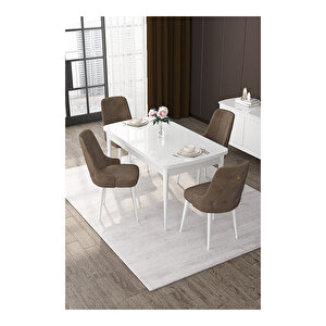 Nex Serisi, 80x132 Mdf Açılabilir Beyaz Masa Takımı, 4 Sandalye Gold Halkalı Kahverengi