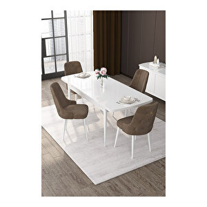 Nex Serisi, 80x132 Mdf Açılabilir Beyaz Masa Takımı, 4 Sandalye Gold Halkalı Kahverengi