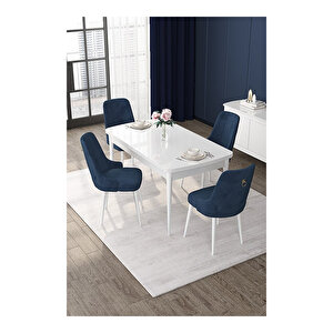 Nex Serisi, 80x132 Mdf Açılabilir Beyaz Masa Takımı, 4 Sandalye Gold Halkalı Lacivert