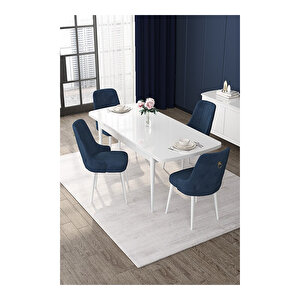Nex Serisi, 80x132 Mdf Açılabilir Beyaz Masa Takımı, 4 Sandalye Gold Halkalı Lacivert