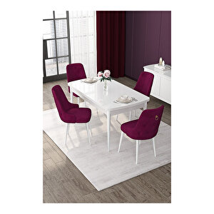 Nex Serisi, 80x132 Mdf Açılabilir Beyaz Masa Takımı, 4 Sandalye Gold Halkalı Mürdüm