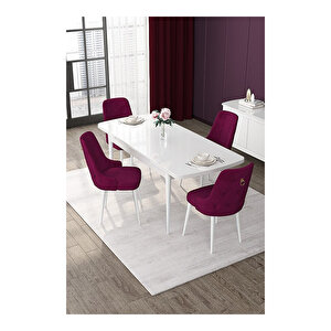 Nex Serisi, 80x132 Mdf Açılabilir Beyaz Masa Takımı, 4 Sandalye Gold Halkalı Mürdüm