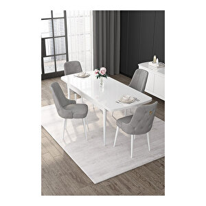 Nex Serisi, 80x132 Mdf Açılabilir Beyaz Masa Takımı, 4 Sandalye Gold Halkalı Gri
