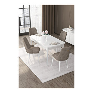 Nex Serisi, 80x132 Mdf Açılabilir Beyaz Masa Takımı, 4 Sandalye Gold Halkalı Cappucino