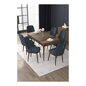 Nex Serisi, Mdf 80x132 Açılabilir Barok Ahşap Desen Mutfak Masa Takımı, 6 Sandalye Gold Halkalı Antrasit