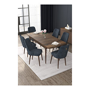 Nex Serisi, Mdf 80x132 Açılabilir Barok Ahşap Desen Mutfak Masa Takımı, 6 Sandalye Gold Halkalı Antrasit