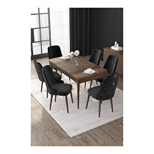 Nex Serisi, Mdf 80x132 Açılabilir Barok Ahşap Desen Mutfak Masa Takımı, 6 Sandalye Gold Halkalı Siyah