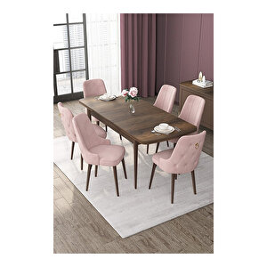 Nex Serisi, Mdf 80x132 Açılabilir Barok Ahşap Desen Mutfak Masa Takımı, 6 Sandalye Gold Halkalı Pembe