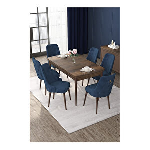 Nex Serisi, Mdf 80x132 Açılabilir Barok Ahşap Desen Mutfak Masa Takımı, 6 Sandalye Gold Halkalı Lacivert