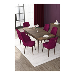 Nex Serisi, Mdf 80x132 Açılabilir Barok Ahşap Desen Mutfak Masa Takımı, 6 Sandalye Gold Halkalı Mürdüm