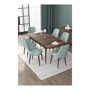 Nex Serisi, Mdf 80x132 Açılabilir Barok Ahşap Desen Mutfak Masa Takımı, 6 Sandalye Gold Halkalı Su Yeşili