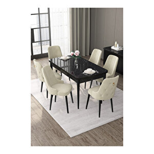 Nex Serisi, 80x132 Mdf Açılabilir Siyah Mermer Desen Masa Takımı, 6 Sandalye Gold Halkalı Krem