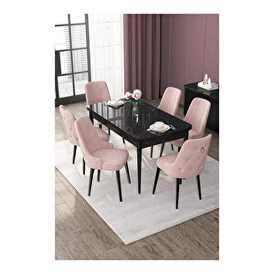 Nex Serisi, 80x132 Mdf Açılabilir Siyah Mermer Desen Masa Takımı, 6 Sandalye Gold Halkalı Pembe