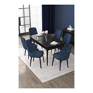 Nex Serisi, 80x132 Mdf Açılabilir Siyah Mermer Desen Masa Takımı, 6 Sandalye Gold Halkalı Lacivert