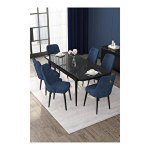 Nex Serisi, 80x132 Mdf Açılabilir Siyah Mermer Desen Masa Takımı, 6 Sandalye Gold Halkalı Lacivert