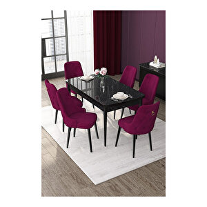 Nex Serisi, 80x132 Mdf Açılabilir Siyah Mermer Desen Masa Takımı, 6 Sandalye Gold Halkalı Mürdüm