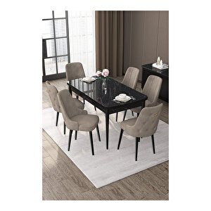 Nex Serisi, 80x132 Mdf Açılabilir Siyah Mermer Desen Masa Takımı, 6 Sandalye Gold Halkalı Cappucino