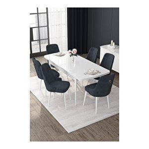 Nex Serisi, 80x132 Mdf Açılabilir Beyaz Masa Takımı, 6 Sandalye Gold Halkalı Antrasit