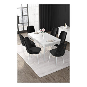 Nex Serisi, 80x132 Mdf Açılabilir Beyaz Masa Takımı, 6 Sandalye Gold Halkalı Siyah