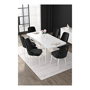 Nex Serisi, 80x132 Mdf Açılabilir Beyaz Masa Takımı, 6 Sandalye Gold Halkalı Siyah