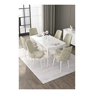 Nex Serisi, 80x132 Mdf Açılabilir Beyaz Masa Takımı, 6 Sandalye Gold Halkalı Krem