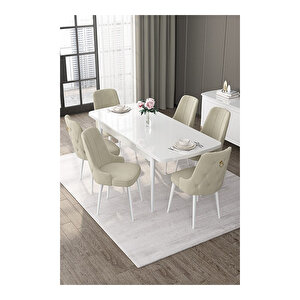 Nex Serisi, 80x132 Mdf Açılabilir Beyaz Masa Takımı, 6 Sandalye Gold Halkalı Krem