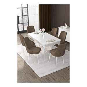 Nex Serisi, 80x132 Mdf Açılabilir Beyaz Masa Takımı, 6 Sandalye Gold Halkalı Kahverengi