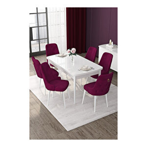 Nex Serisi, 80x132 Mdf Açılabilir Beyaz Masa Takımı, 6 Sandalye Gold Halkalı Mürdüm