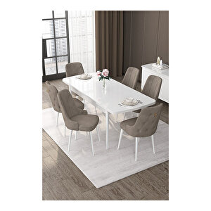 Nex Serisi, 80x132 Mdf Açılabilir Beyaz Masa Takımı, 6 Sandalye Gold Halkalı Cappucino