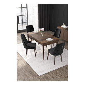 Nex Serisi, Mdf 80x132 Açılabilir Barok Ahşap Desen Mutfak Masa Takımı, 4 Sandalye Gümüş Halkalı Siyah