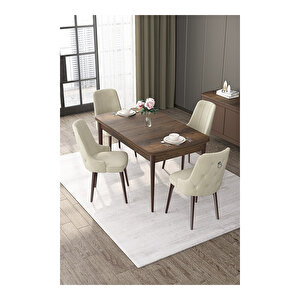 Nex Serisi, Mdf 80x132 Açılabilir Barok Ahşap Desen Mutfak Masa Takımı, 4 Sandalye Gümüş Halkalı Krem